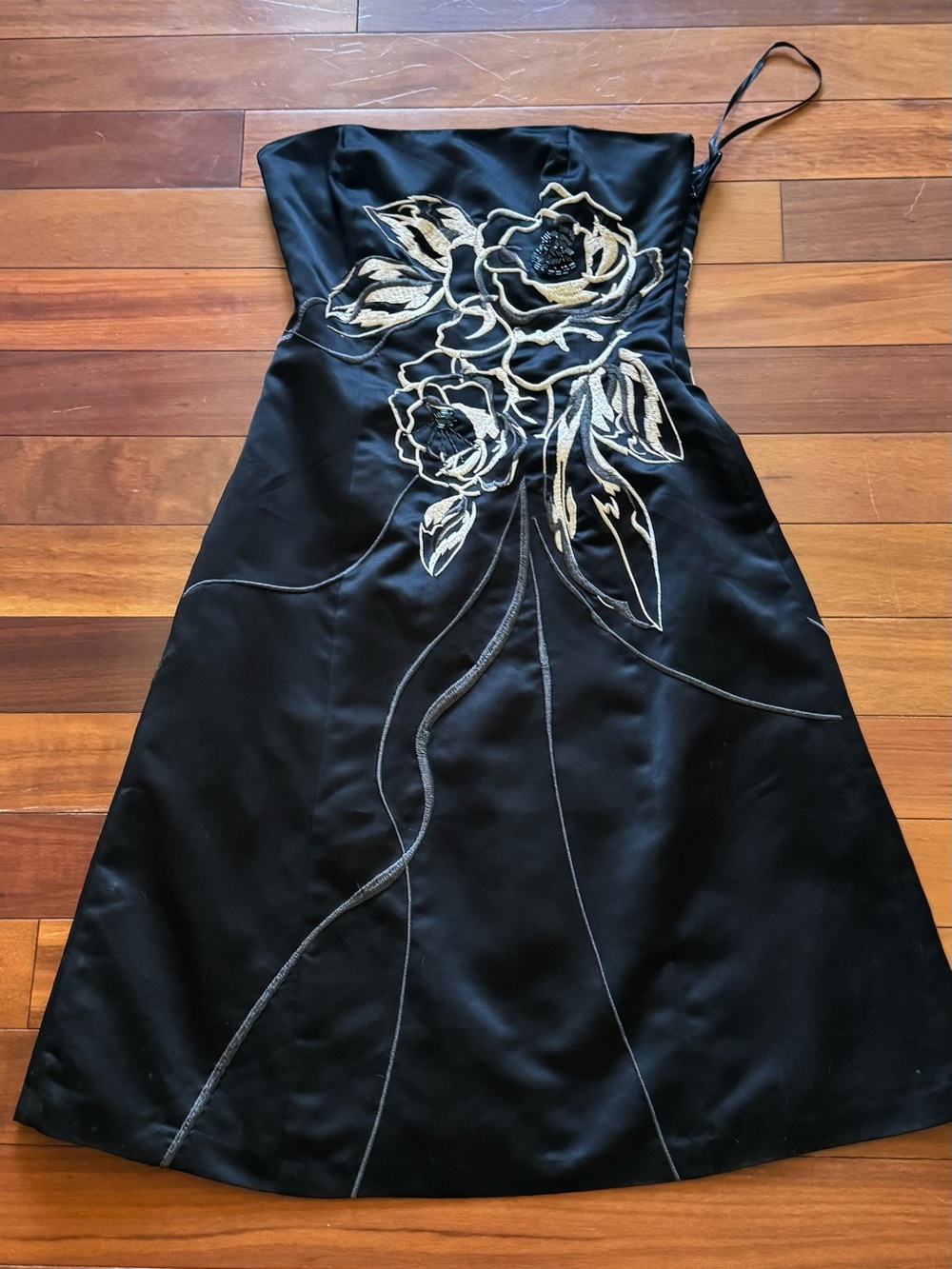 White House Black Market Black One-Shoulder Dress with Gold Floral Applique